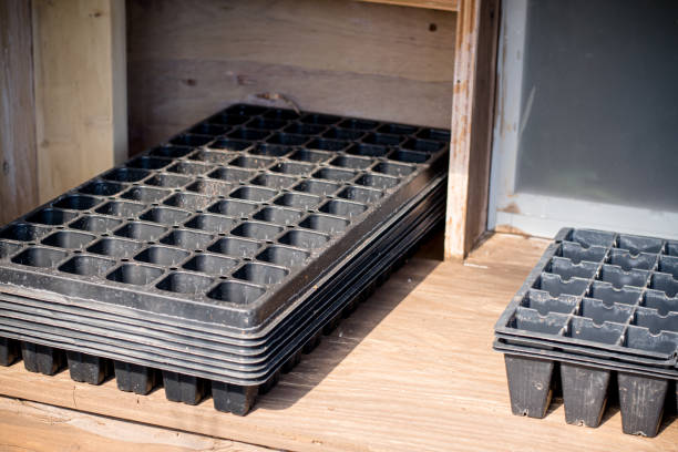 This image highlights stacks of unused plastic pots, emphasizing the importance of recycling and repurposing materials in greenhouse gardening.