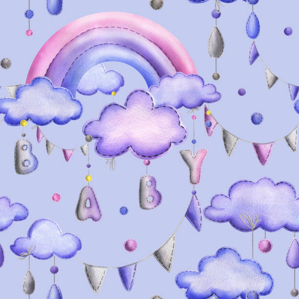 istock A stitched rainbow with clouds and letters BABY, garland flags, dots hanging from ropes in blue, purple and pink. Cute hand drawn watercolor illustration. Seamless pattern on a lilac background 2176202501