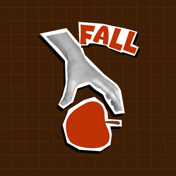 Retro collage with hand picking apple and bold fall text on grid background.
