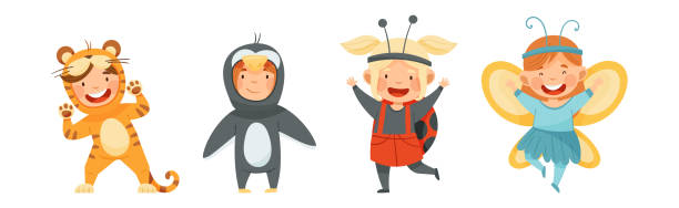 Little Boy and Girl Wearing Animal Costumes Waving Hand and Having Fun Vector Set Little Boy and Girl Wearing Animal Costumes Waving Hand and Having Fun Vector Set. Funny Kids Enjoy Masquerade Party kid animal costume stock illustrations