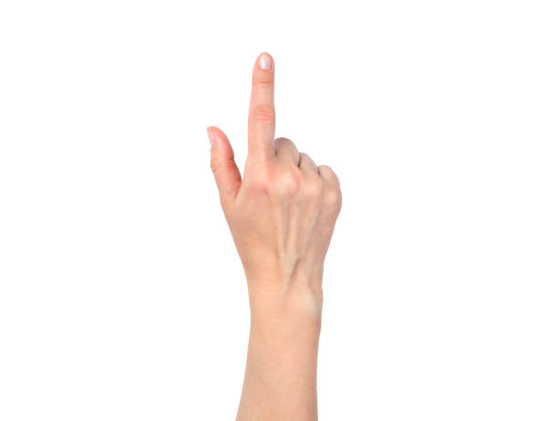 istock Female hand isolated on a white background. A woman's hand points to something with her index finger. Top view. 2176208245