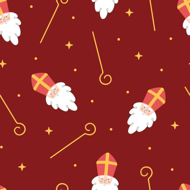 stockillustraties, clipart, cartoons en iconen met seamless pattern with sinterklaas or saint nicholas face, his staff and stars on dark red background. hand drawn winter holiday theme wallpaper. saint nicholas day. - sinterklaas