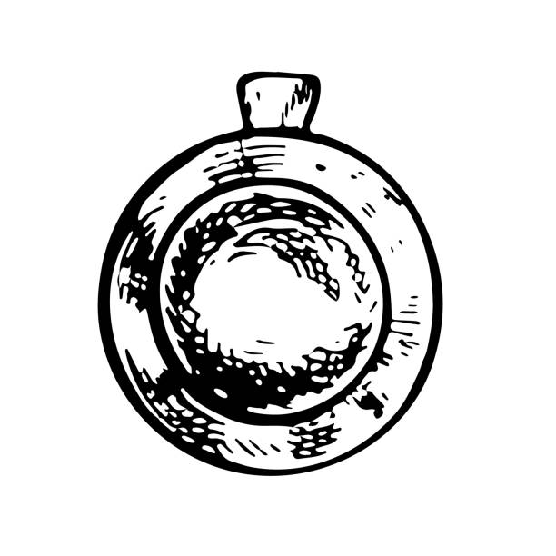 The pendant is round with a stone. Jewelry. A black and white vector graphic illustration made by hand. Isolate on a white background. The design element of a flyer,banner, poster