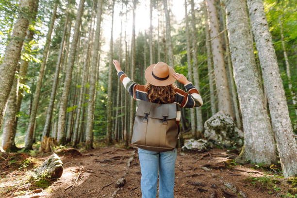 istock A young woman stands in a sunlit forest, surrounded by tall trees. 2176226358