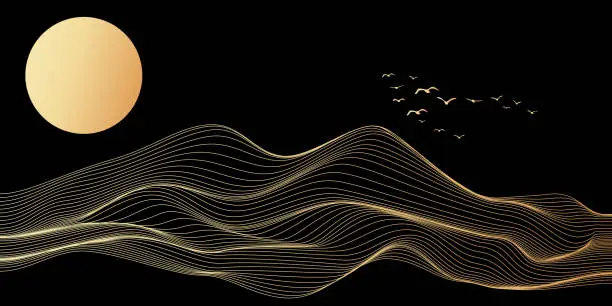 Onde astratte dell'oceano, modello di linea ondulata fluente in stile artistico di linea di lusso. Paesaggio montano con sole e uccelli isolati su sfondo nero. Illustrazione vettoriale Onde astratte dell'oceano, modello di linea ondulata fluente in stile artistico di linea di lusso. Paesaggio montano con sole e uccelli isolati su sfondo nero. Illustrazione vettoriale