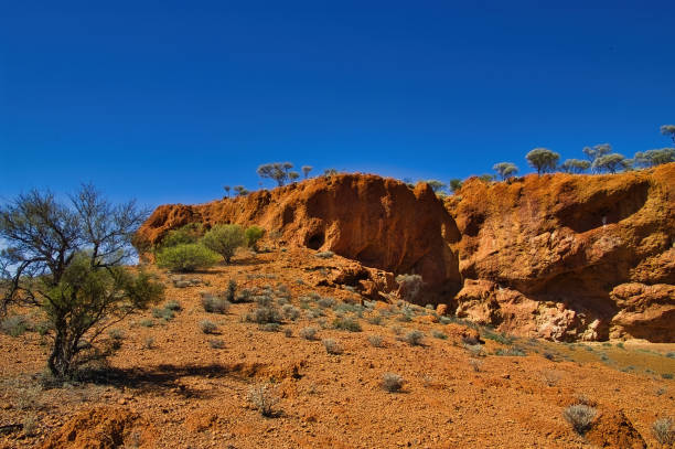 Red laterite (rocks with iron and aluminium) formations with saltbush and mulga in the desert near Mount Magnet, Western Australia.