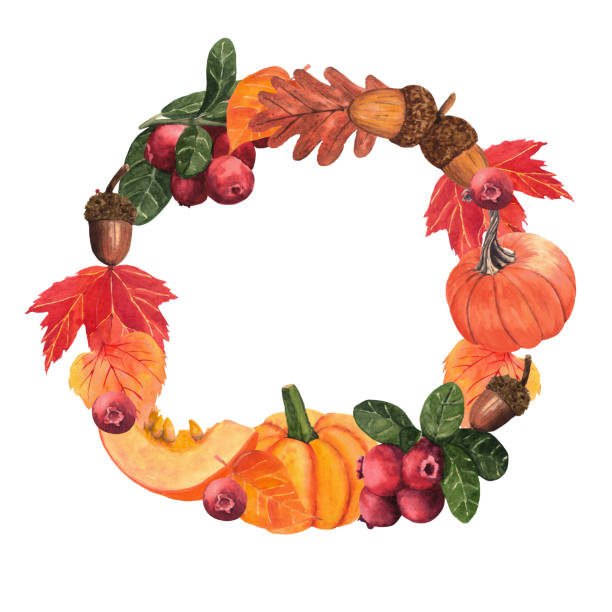 istock Watercolor hand-drawing round frame of pumpkin, leaves, acorns and cranberries. 2176228343