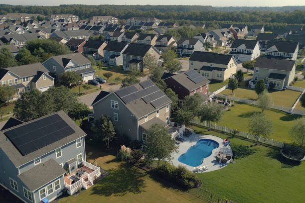 istock Solar Houses in a Row with Pool- Modern Middle Class Neighborhood - Dense Population 2176228523