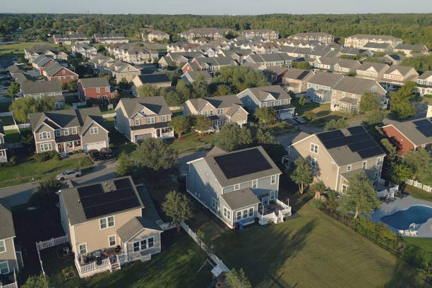 istock Solar Houses in a Row with Pool- Modern Middle Class Neighborhood - Dense Population - Wide Angle 2176228542