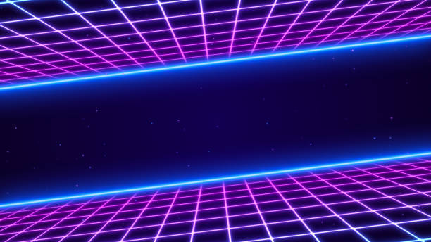 istock 3D Synthwave terrain landscape, digital blue purple glow cyberspace laser neon grid floor perspective, abstract futuristic retrowave poster design, 80s retro night arcade game tech style background 2176229965