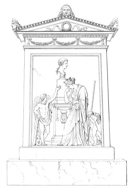 Original design of the Funerary Stele of Vittorio Alfieri, monument by Antonio Canova. Vintage etching circa 19th century. The design for the funerary monument would change to only a portion of the full design.