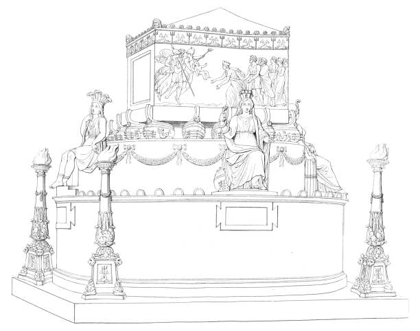 Funerary Memorial for Horatio Nelson, monument by Antonio Canova; front side view depicting infant Nelson given to Britannia. Vintage etching circa 19th century. Unknown if this sculpture was ever made, not enough information.