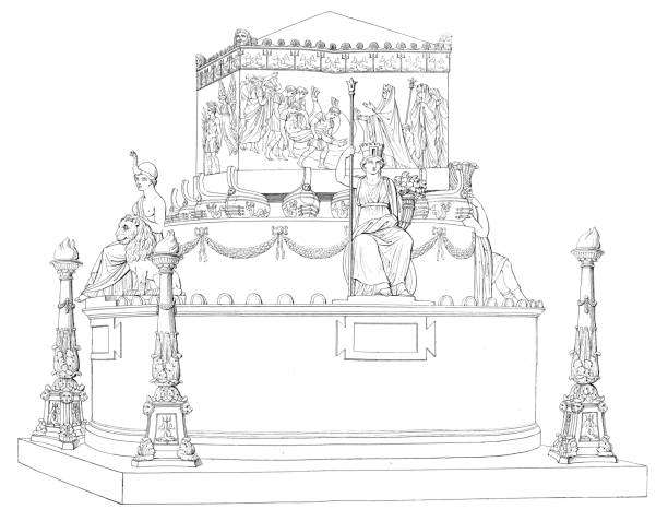 Funerary Memorial for Horatio Nelson, monument by Antonio Canova; back side view depicting the body of Nelson being brought ashore by sailors. Vintage etching circa 19th century. Unknown if this sculpture was ever made, not enough information.