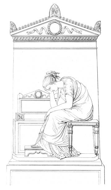 Funerary Stele of Domenico Manzoni, monument by Antonio Canova (circa 19th century). Vintage etching circa 19th century. Manzoni was a wealthy silk merchant who was murdered on his way to the theatre in 1817.