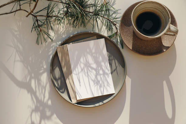 istock Modern Christmas stationery. Blank greeting card, invitation. Envelope mockup in sunlight on plate. Green pine tree branches on white table background, long shadows. Cup of coffee. Winter flatlay, top 2176240160