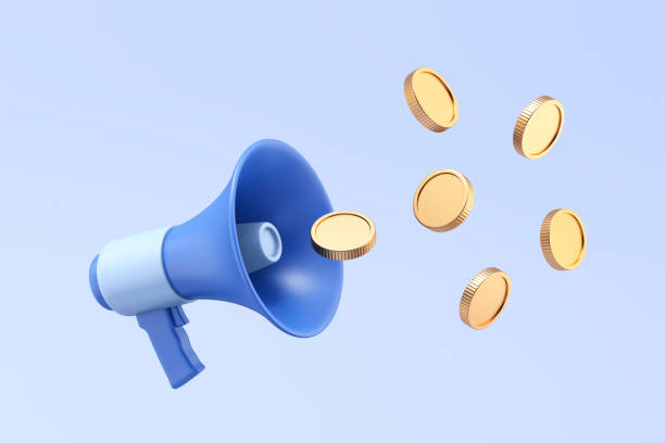 Megaphone and Coins Blue megaphone with gold coins flying out. Marketing strategies, advertising campaigns, ROI, and business promotion. 3d illustration teamwork slogan stock pictures, royalty-free photos & images