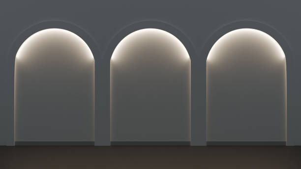 istock Modern wall with three illuminated arches, creating a sophisticated and welcoming atmosphere 2176256649