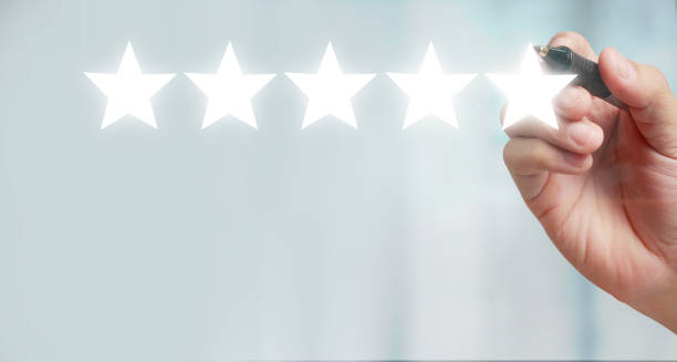 istock Rise on increasing five stars in human hand, Increase rating 2176262905
