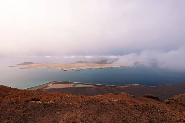 picturesque view of Graciosa island with volcanic mountains at sundown in Teguise, Lanzarote at Canari Islands in Spain, concept of nature and volcanic landscape