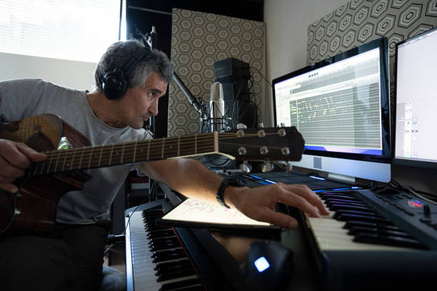 istock Musician Playing Acoustic Guitar In Home Music Studio 2176268208