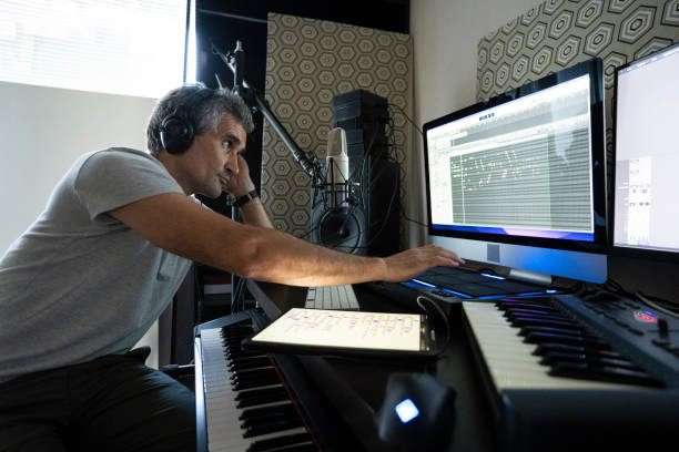 istock Musician Recording Drums on MIDI Drum Machine in Music Studio 2176268214