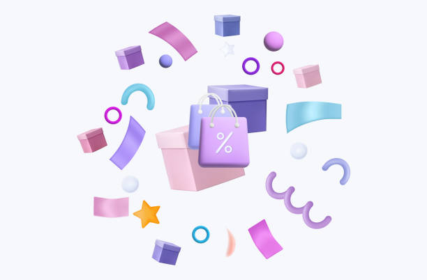 istock Gift boxes, shipping bags with confetti. Flying ecommerce bag with bonus. Free delivery, low interest rates, gift surprise box, shopping bag. Online shipping, sale with discounts, confetti. Vector 3d. 2176268305