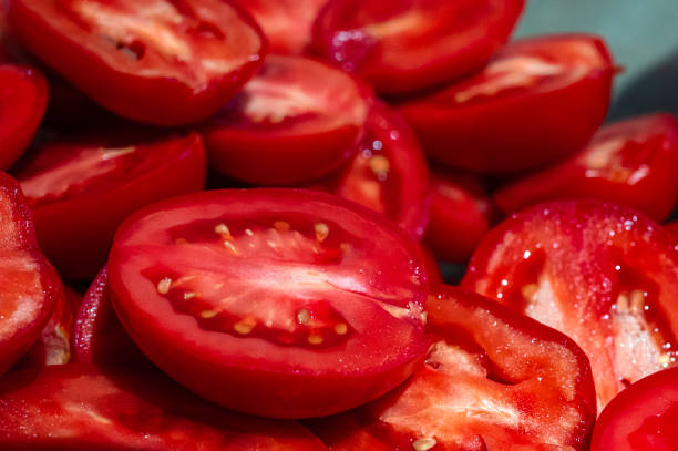 close up of tomato slice, piled up