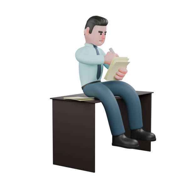 istock Male Financial Analyst 3D Model. A male financial analyst sits on a table with his left hand holding several sheets of paper and his right hand holding a marker. Stock Market Environment 2176290366
