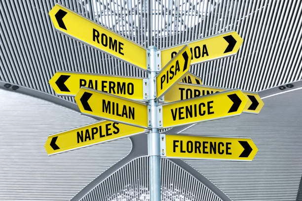 Directional signs with travel locations in Italy in an airport terminal