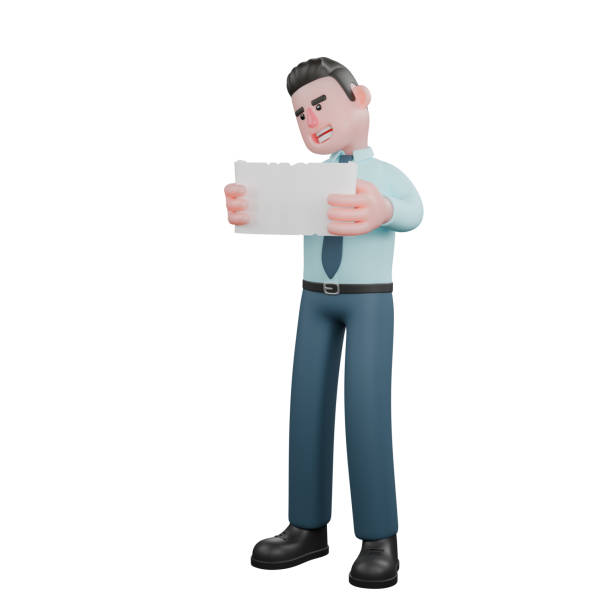 istock 3D Fiscal Expert Analyst. A male financial analyst is standing with both hands holding the ends of a white paper, as if he is reading. Cartoon Male Financial Guru 2176291396