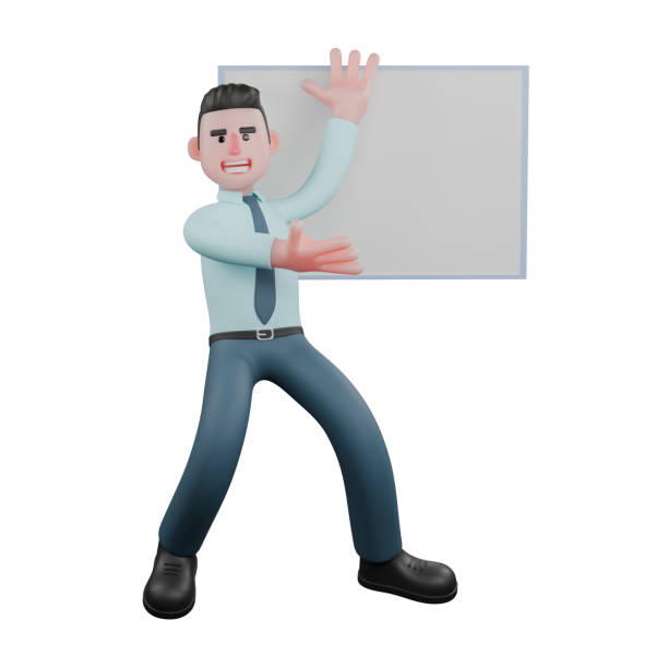 istock 3D Economic Practitioner. A male financial analyst is standing in front of a whiteboard, while his left palm is raised upwards and his left palm is facing forward. Male Financial Analyst 2176291530
