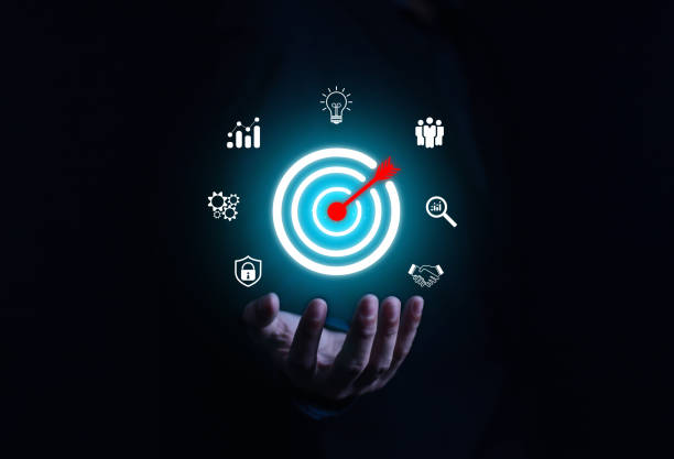 istock Business goal setting concept. Businessman holding virtual target icon for business purpose. Strategic planning for business growth. Marketing strategy and goal for success. 2176295875