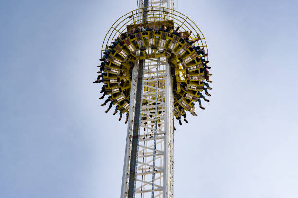Munich, Bavaria, Germany, September 29, 2024. SkyFall, the highest mobile free fall tower in the world. 80-meter-high ride at the Munich Oktoberfest