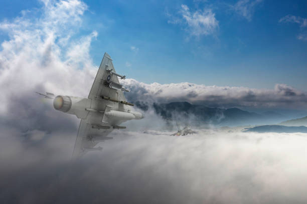 Mirage Jet aircrafts flying over the clouds.