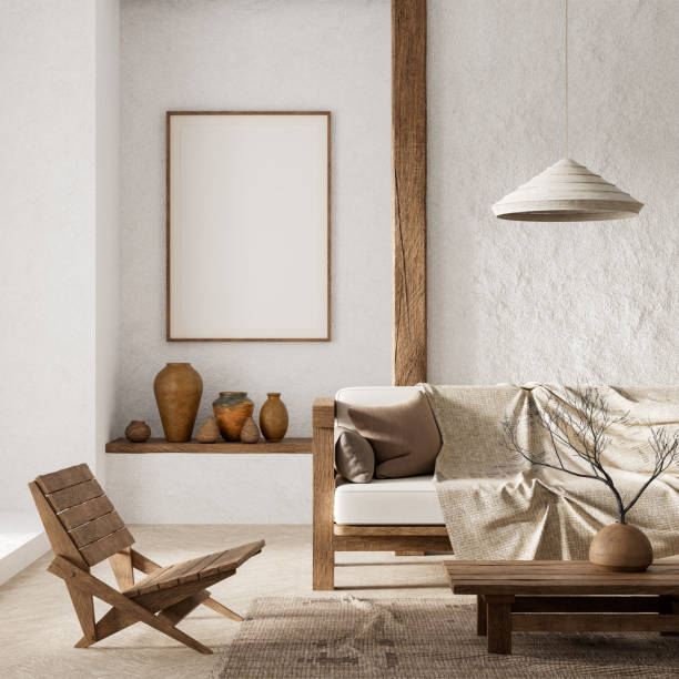 istock Mock up poster frame in boho style decorated livinig room. Modern, authentic Interior design of living room with wooden furnitures. 3D illustration 2176312393