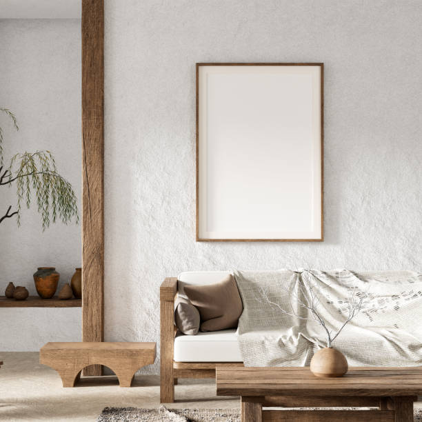 istock Mock up poster frame in boho style decorated livinig room. Modern, authentic Interior design of living room with wooden furnitures. 3D illustration 2176312592