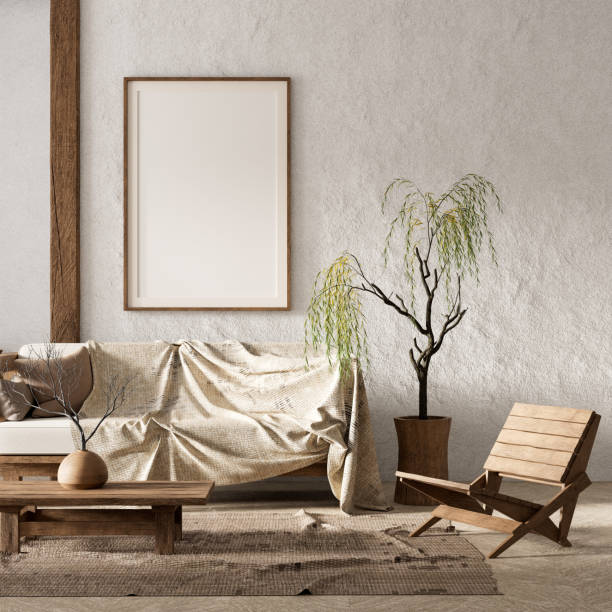 istock Mock up poster frame in boho style decorated livinig room. Modern, authentic Interior design of living room with wooden furnitures. 3D illustration 2176312600
