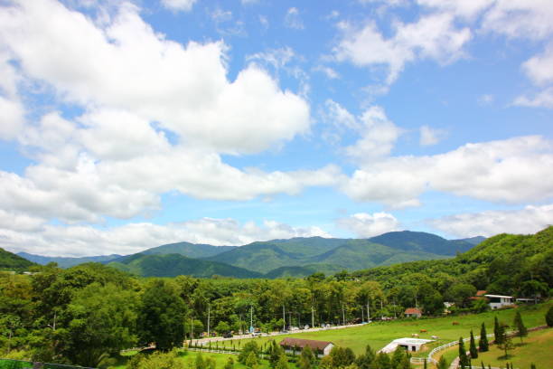 view point green mountain environment blue sky white cloud, nature background