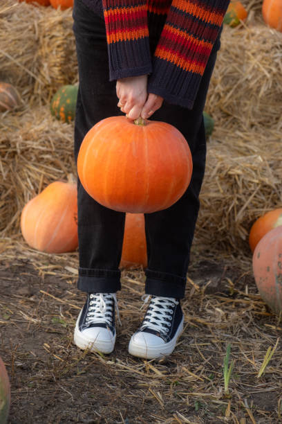 istock Person holding a large orange pumpkin by the stem 2176326162