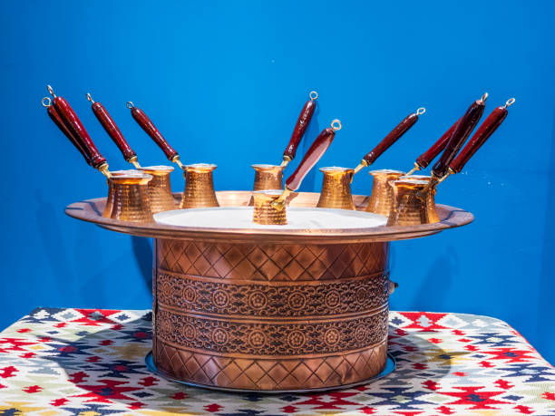 Traditional Turkish Coffee Pot Set, Copperware with Hourglass-Shaped Arrangement