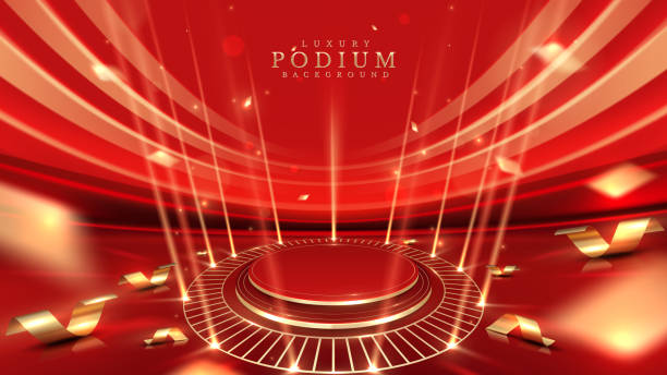 istock Golden podium decorated with ribbons, spotlights, and bokeh on a luxurious red background. Award ceremony scene. Vector illustration. 2176328776