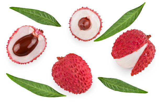 istock fresh lychee with slices and green leaves isolated on white background. clipping path 2176332668