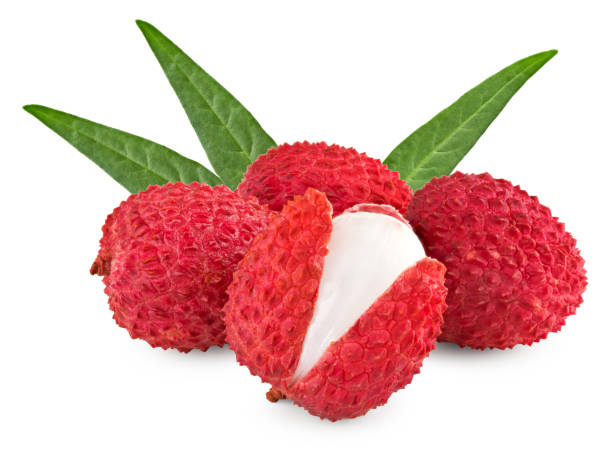 istock fresh lychee with slices and green leaves isolated on white background. clipping path 2176333430