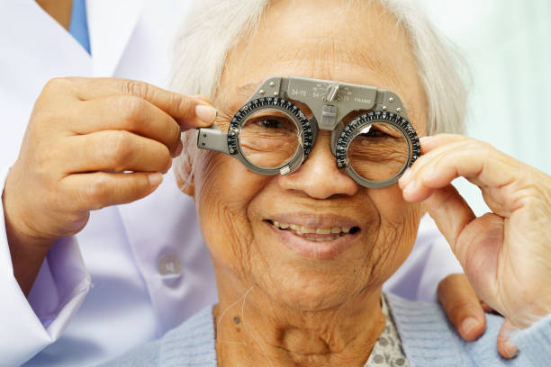istock Optometrist checking Asian elderly woman ophthalmic vision eye test and using optical trial frame. 2176337655
