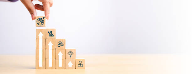 istock woods block step on table with icon Action plan, Goal and target, success and business target concept, project management, company strategy 2176337727