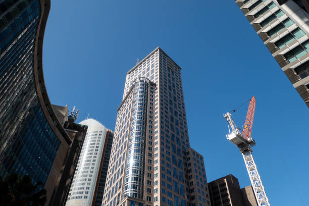 Skyscrapers on the corner of Elizabeth Street and Hunter Street in the central business district of Sydney. In the centre is Chifley Tower. This image was taken on a sunny afternoon on 3 October 2024.