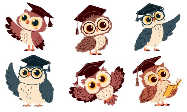 Print Set of flat vector illustrations in children's style. Cute owls with glasses and graduation hat, pointing with wing and reading books owl stock illustrations