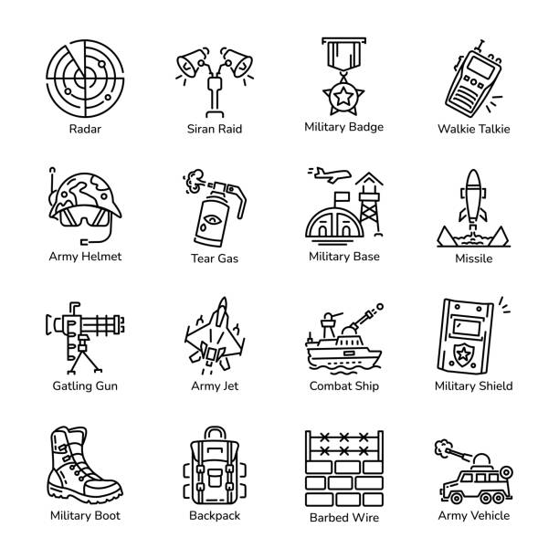 ilustraciones, imágenes clip art, dibujos animados e iconos de stock de paquete de iconos militares de estilo de contorno - casco militar