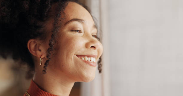istock Profile, happy woman and ideas in home, thinking or planning future by window view or curtains. Living room, smile and African girl with vision, reflection and start morning on mockup space banner 2176351309