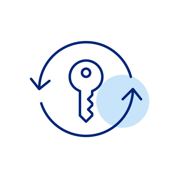 stockillustraties, clipart, cartoons en iconen met key in refresh arrows. reset or renew access permission, update password. pixel perfect vector icon - sleutel beveiligingsapparatuur